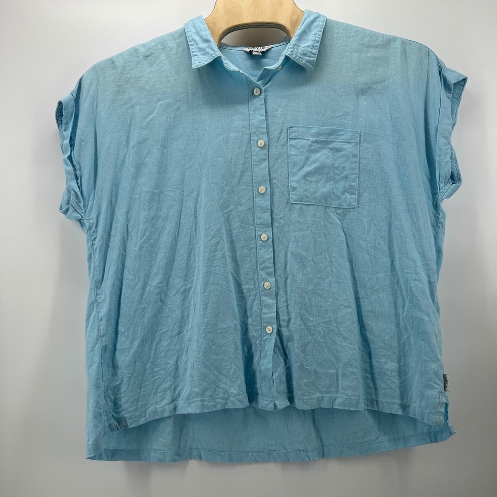 Orvis Shirt Womens XXL Light Blue Linen Rayon Short Sleeve Button Down Casual